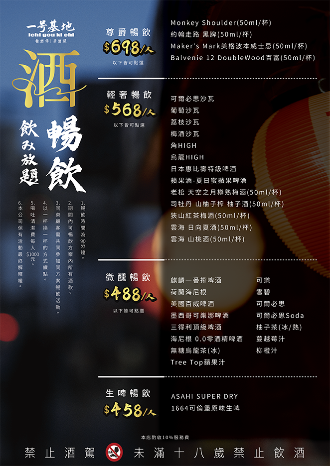 板橋居酒屋推薦｜一号基地輕奢暢飲568元—板橋車站清酒、沙瓦、Highball喝到飽